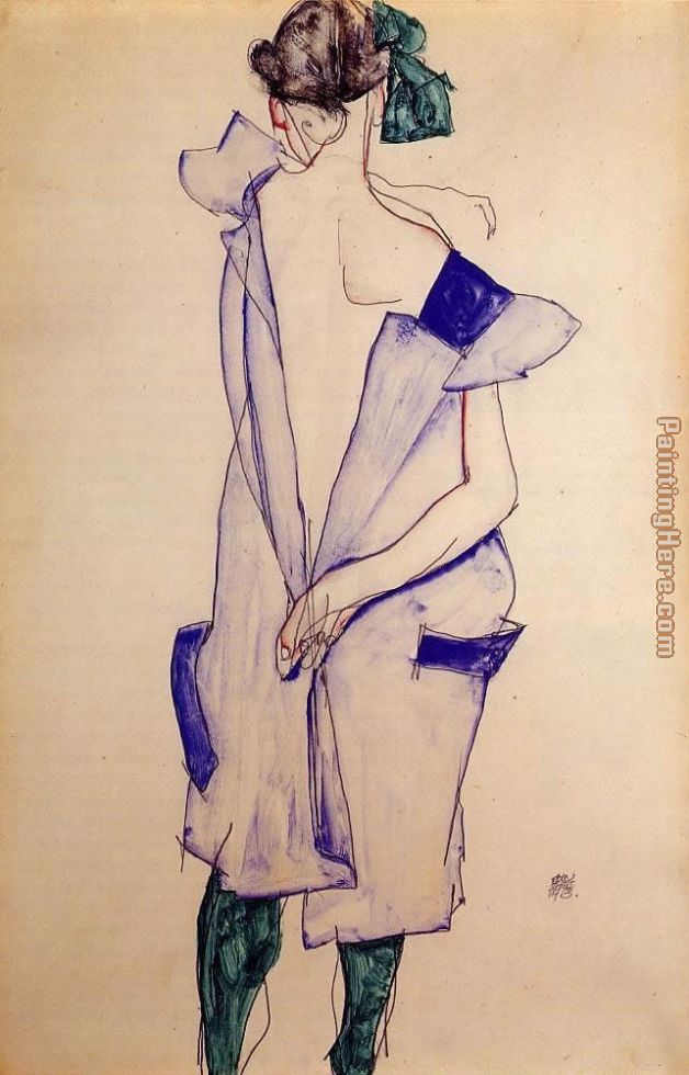Standing Girl in a Blue Dress and Green Stockings Back View painting - Egon Schiele Standing Girl in a Blue Dress and Green Stockings Back View art painting